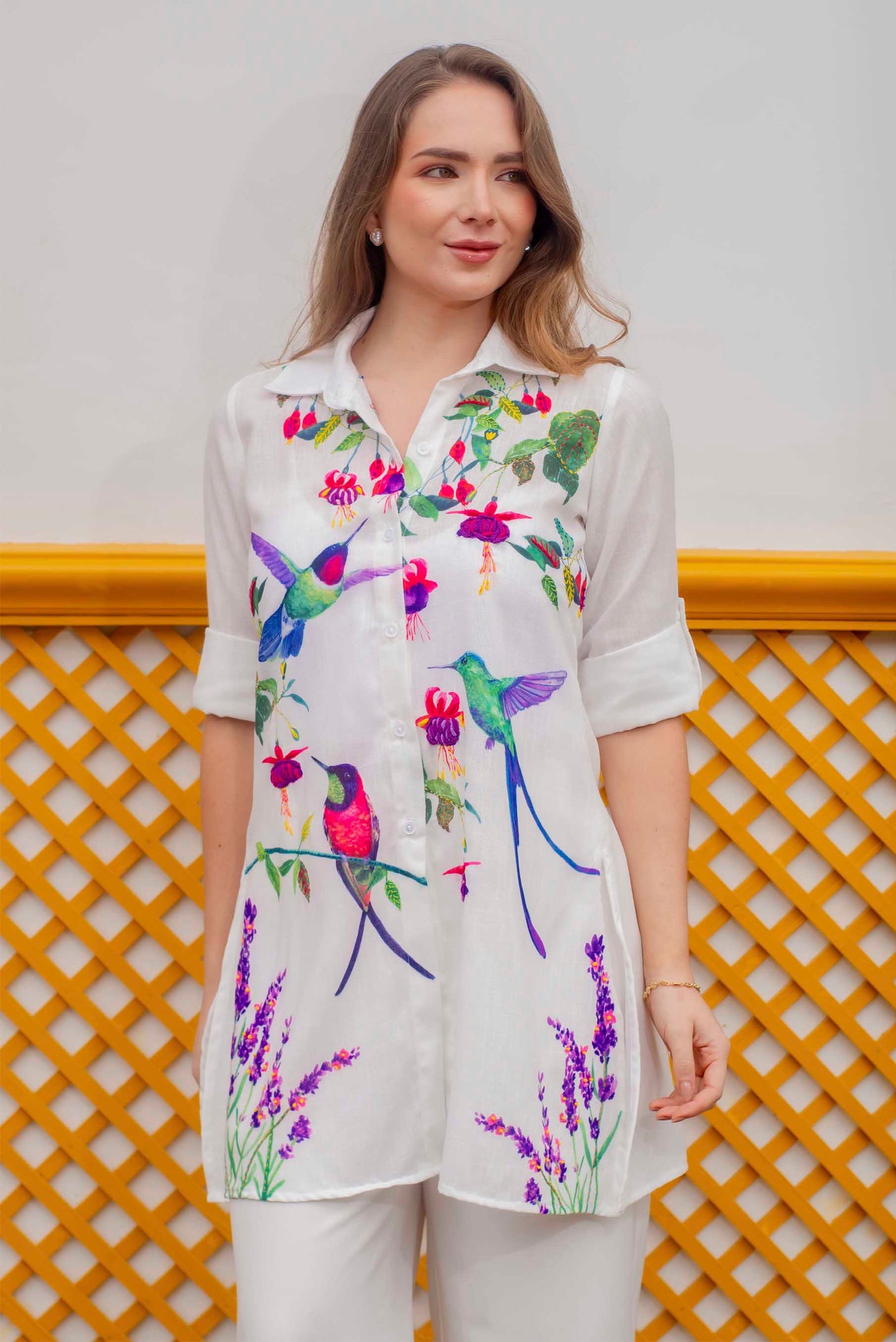 Blusón Camisero Colibríes Bordado a Mano