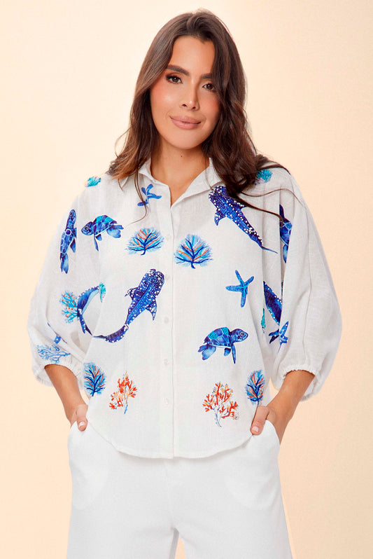 Blusa Ranglan Mundo Marino Bordada a Mano