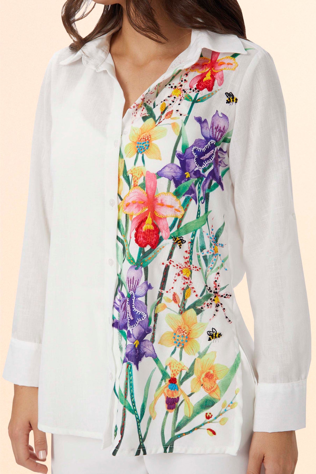 Blusón Camisero Corto Orquídeas Bordado a Mano