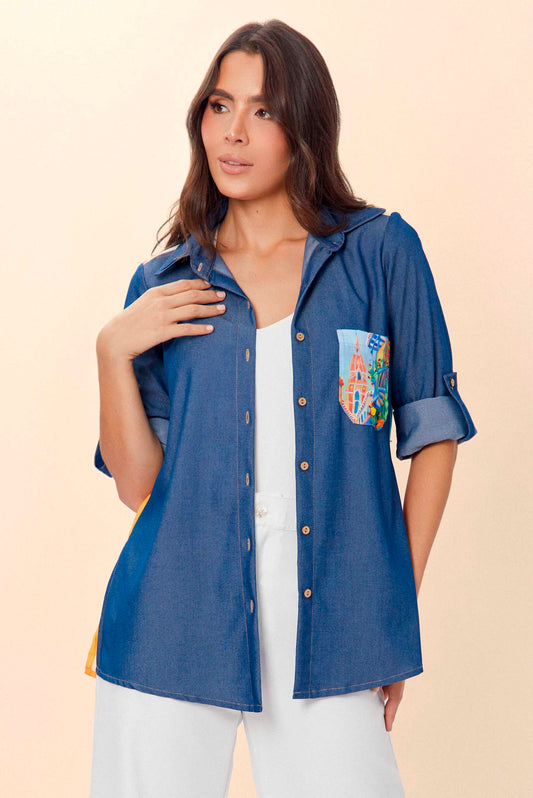 Blusón Cartagena Chambray Bordado a Mano