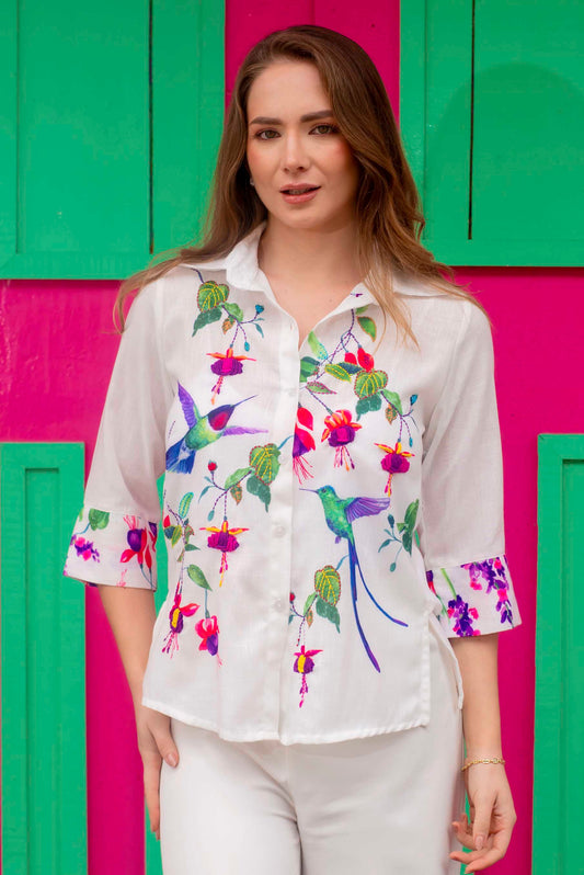 Blusa Camisera Colibríes Bordada a Mano