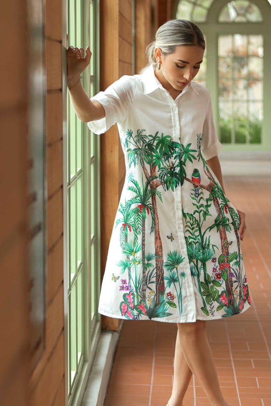 Vestido Camisero Corto Bosque Bordado a Mano